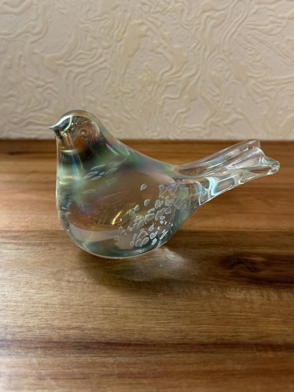 Vintage Silvestri Italy blown art glass bird iridescent rainbow paperweight 3x5"